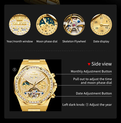 OLEVS Gold Stahl Herren Uhren Top Marke Automatische Mechanische Luxus Uhr Sport Wasserdicht Tourbillon Armbanduhr Reloj Hombre