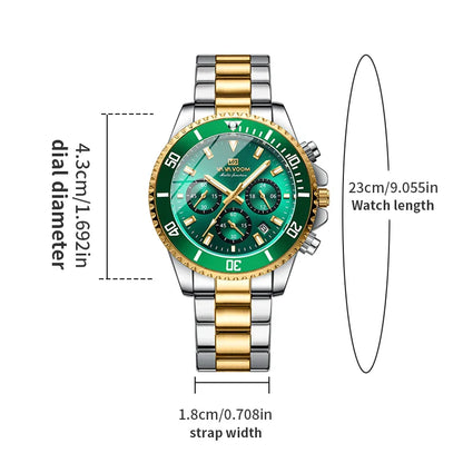 VA VA VOOM Marke Top Männer Uhr 1 Stück Multifunktionale Modische Timing Zifferblatt Grün Gold Edelstahl 3Bar Timing Uhr für Männer