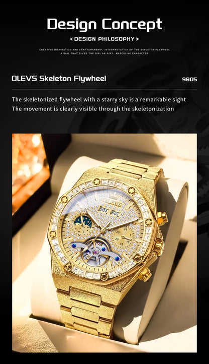 OLEVS Gold Stahl Herren Uhren Top Marke Automatische Mechanische Luxus Uhr Sport Wasserdicht Tourbillon Armbanduhr Reloj Hombre