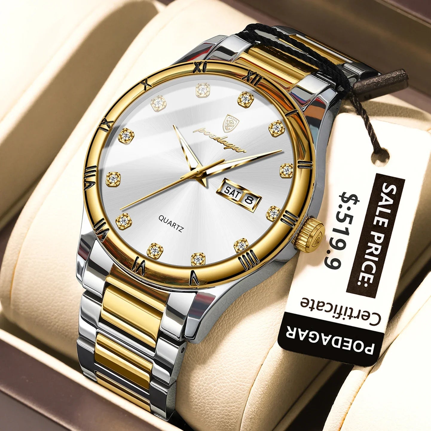 POEDAGAR Top Luxus Uhr Für Mann Datum Woche Wasserdicht Leucht Mann Armbanduhr Quarz Edelstahl herren Uhren Sport Reloj