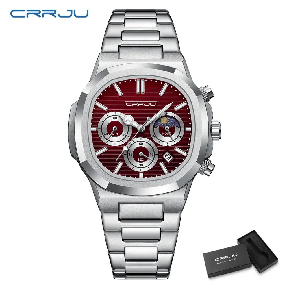 CRRJU Herrenuhr, wasserdicht, leuchtende Armbanduhr, Quarz-Edelstahluhr für Herren, Pilot-Top-Marke, Herrenuhren, Chronograph