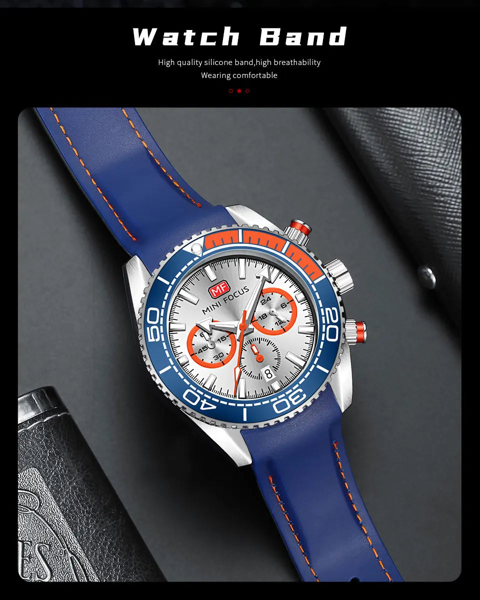 MINI FOCUS Chronograph Quarzuhren für Herren, modische Sport-Armbanduhr mit automatischem Datum, 24-Stunden-Anzeige, blaues Silikonarmband 0426