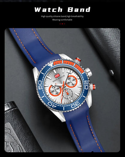 MINI FOCUS Chronograph Quarzuhren für Herren, modische Sport-Armbanduhr mit automatischem Datum, 24-Stunden-Anzeige, blaues Silikonarmband 0426