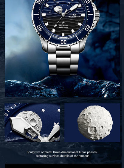 Seagull 43.5mm Diving Watch 300M Waterproof Automatic Mechanical Wristwatch Moon Phase Luminescent Men Watches 1215 New 2025