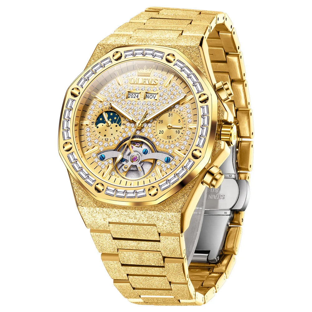 OLEVS Gold Stahl Herren Uhren Top Marke Automatische Mechanische Luxus Uhr Sport Wasserdicht Tourbillon Armbanduhr Reloj Hombre