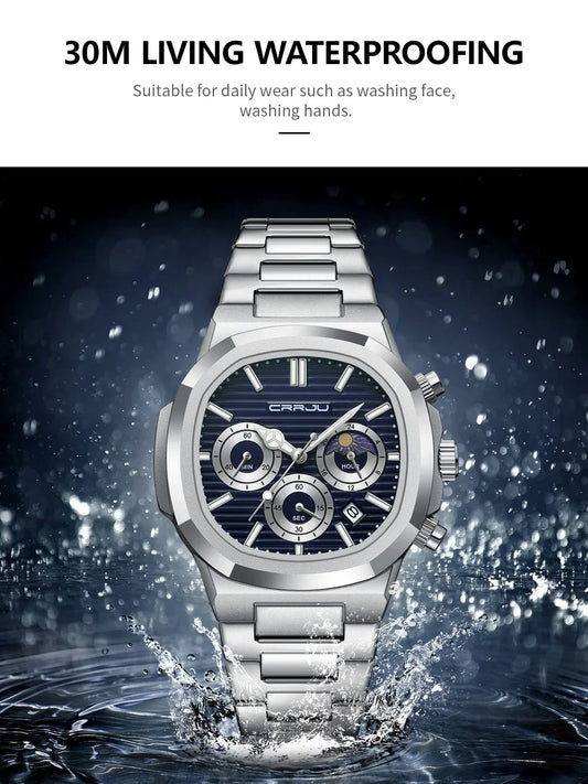 CRRJU Herenhorloge, Waterdicht Lichtgevend Polshorloge, Roestvrijstalen Quartz Horloge voor Heren, Pilot Top Merk Herenhorloges, Chronograaf