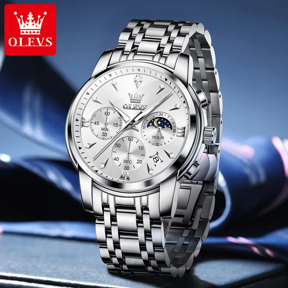 OLEVS 3639 Top Marke Original Luxus Neue Quarzuhr Edelstahl Uhr Für Männer Wasserdicht Leucht Mond Phase Herren Uhr