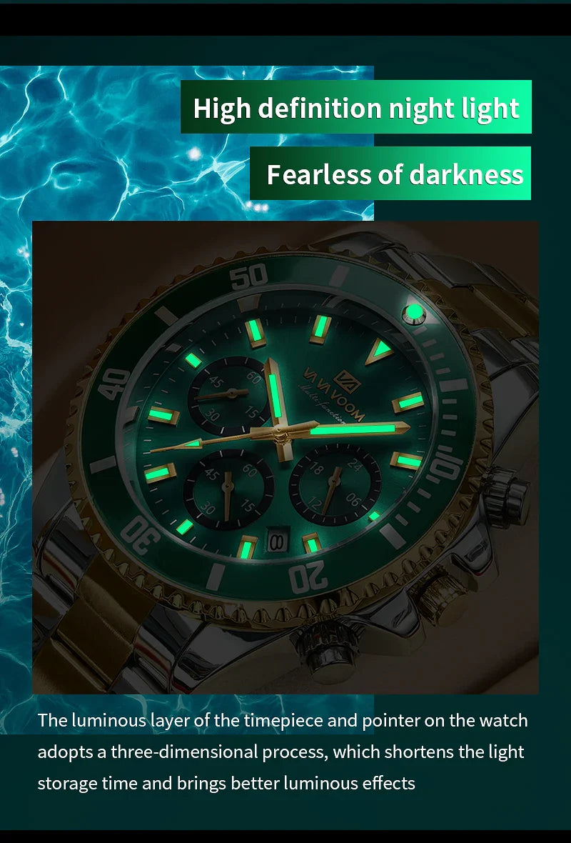 VA VA VOOM Marke Top Männer Uhr 1 Stück Multifunktionale Modische Timing Zifferblatt Grün Gold Edelstahl 3Bar Timing Uhr für Männer