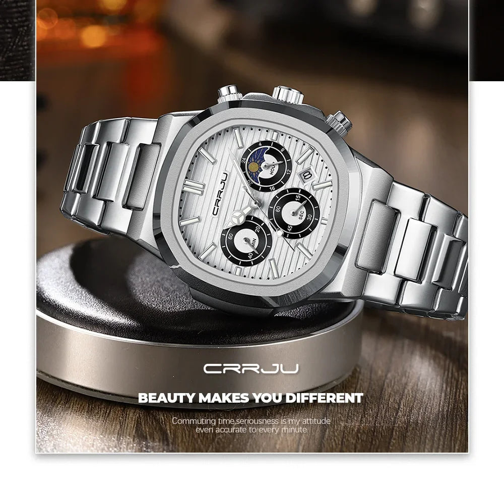 CRRJU Herrenuhr, wasserdicht, leuchtende Armbanduhr, Quarz-Edelstahluhr für Herren, Pilot-Top-Marke, Herrenuhren, Chronograph