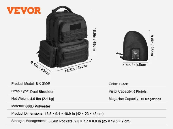 VEVOR Pistolentasche, Gewehrtasche, Pistolentaschen für 6 Pistolen, Pistolenrucksack mit 6 unabhängigen Pistolentaschen & 10 Magazinen, Pistolenrucksack für Outdoor-Jagd, Abschließbare Tasche, Braun