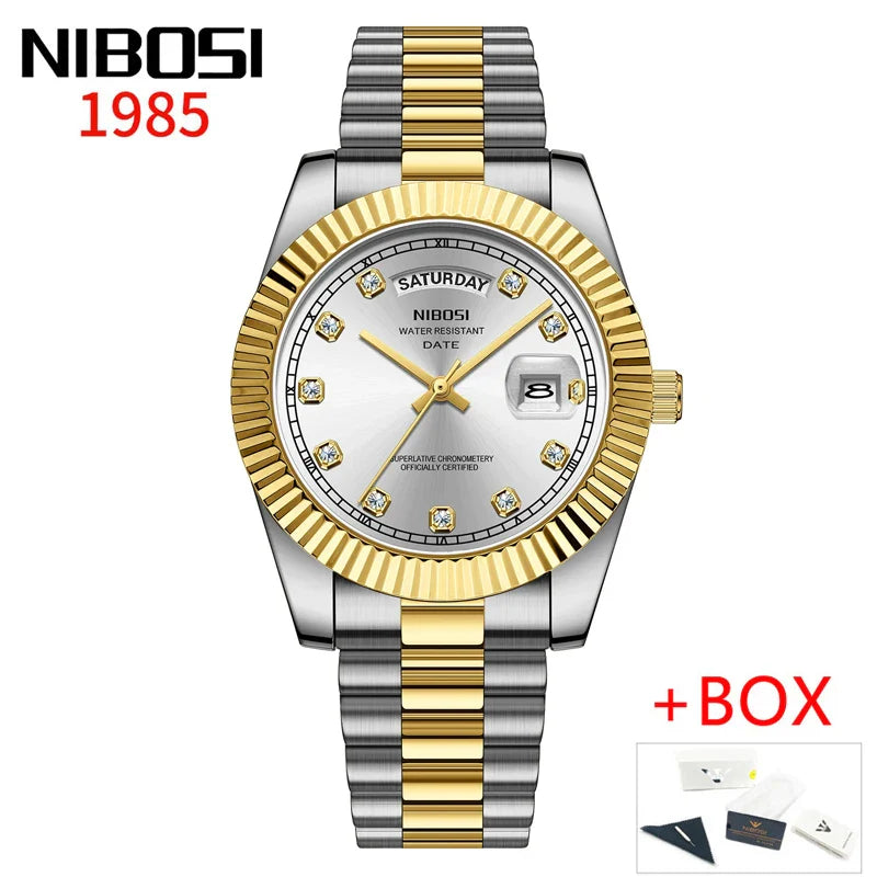 NIBOSI Luxus Gold Quarzuhr Männer Edelstahl Wasserdicht Leucht Datum Woche Mode Diamant Herren Uhren Relogio Masculino
