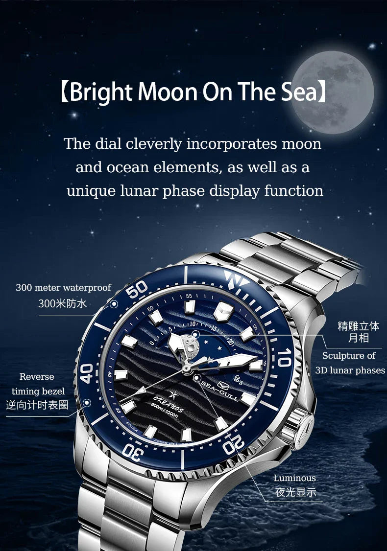 Seagull 43.5mm Diving Watch 300M Waterproof Automatic Mechanical Wristwatch Moon Phase Luminescent Men Watches 1215 New 2025