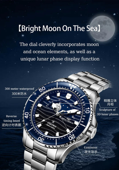 Seagull 43.5mm Diving Watch 300M Waterproof Automatic Mechanical Wristwatch Moon Phase Luminescent Men Watches 1215 New 2025