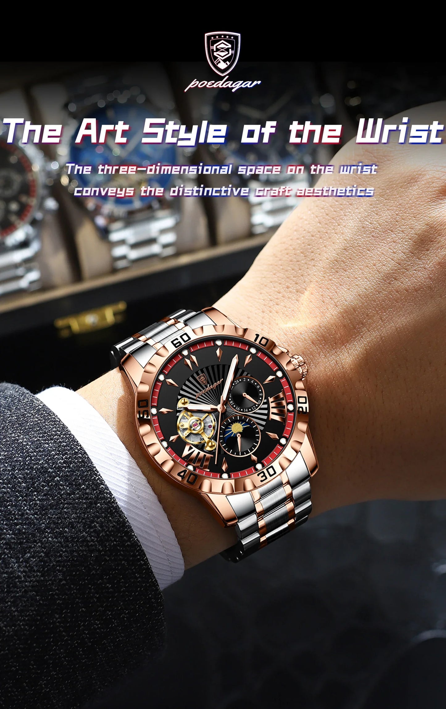 POEDAGAR Luxus Männer Uhr Hohl Tourbillon Automatische Mechanische Mann Uhr Wasserdicht Leucht Edelstahl herren Uhren + Box