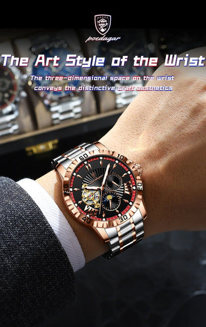 POEDAGAR Luxus Männer Uhr Hohl Tourbillon Automatische Mechanische Mann Uhr Wasserdicht Leucht Edelstahl herren Uhren + Box