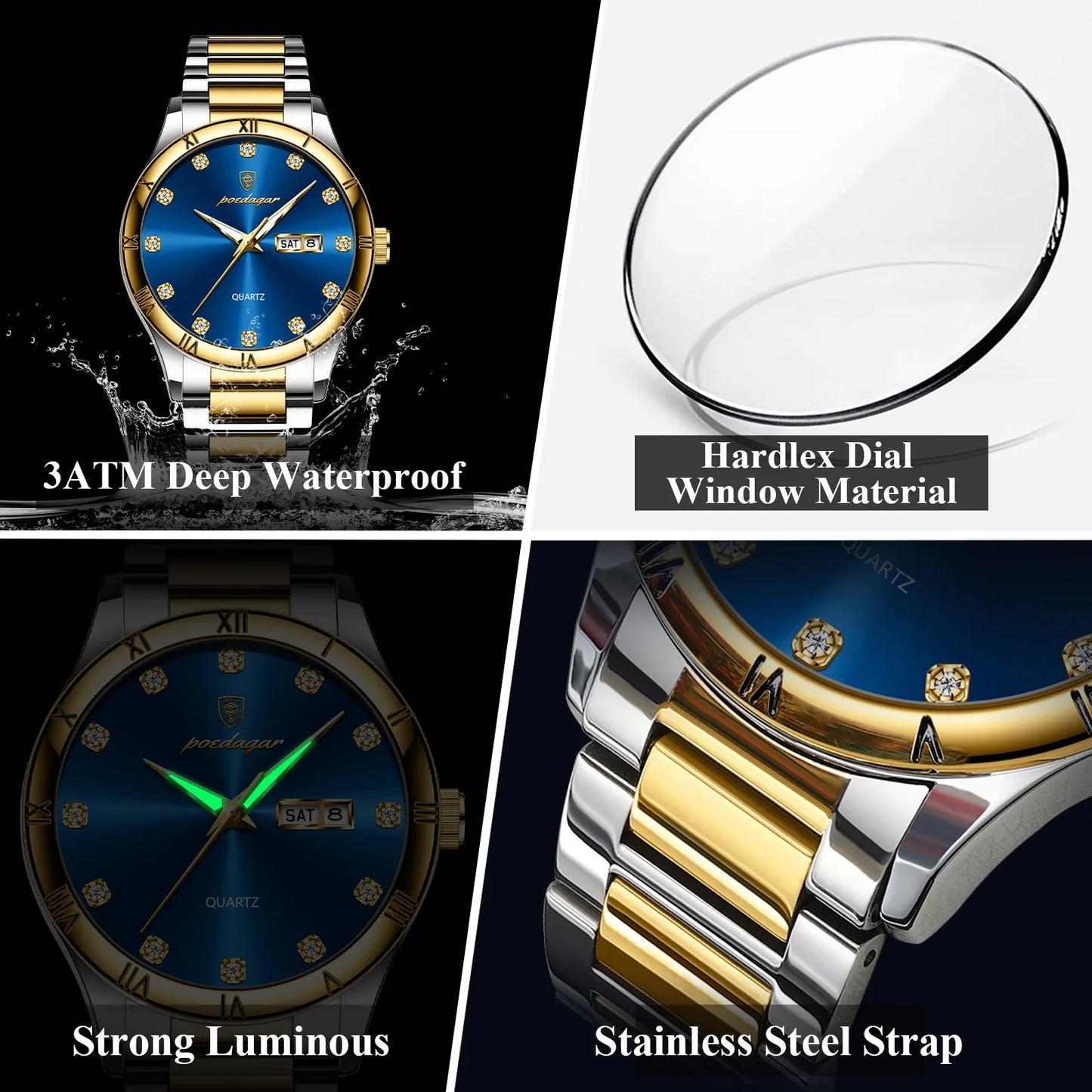 POEDAGAR Top Luxus Uhr Für Mann Datum Woche Wasserdicht Leucht Mann Armbanduhr Quarz Edelstahl herren Uhren Sport Reloj