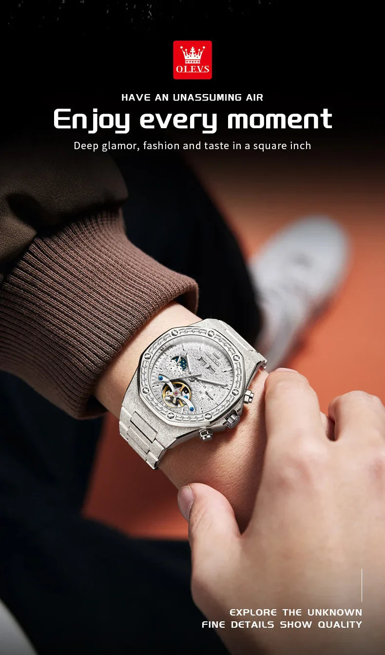OLEVS Gold Stahl Herren Uhren Top Marke Automatische Mechanische Luxus Uhr Sport Wasserdicht Tourbillon Armbanduhr Reloj Hombre