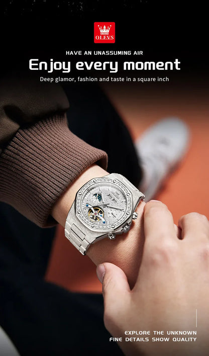 OLEVS Gold Stahl Herren Uhren Top Marke Automatische Mechanische Luxus Uhr Sport Wasserdicht Tourbillon Armbanduhr Reloj Hombre