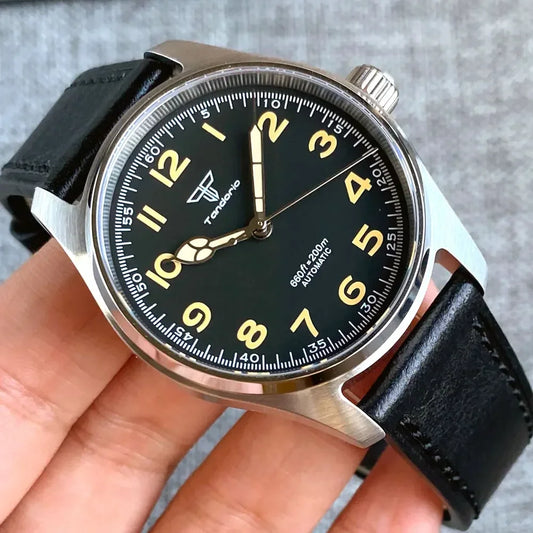 Tandorio 39 mm zwarte wijzerplaat saffierglas 20 ATM duiken NH35A PT5000 automatisch pilotenhorloge geborsteld herenhorloge lederen band