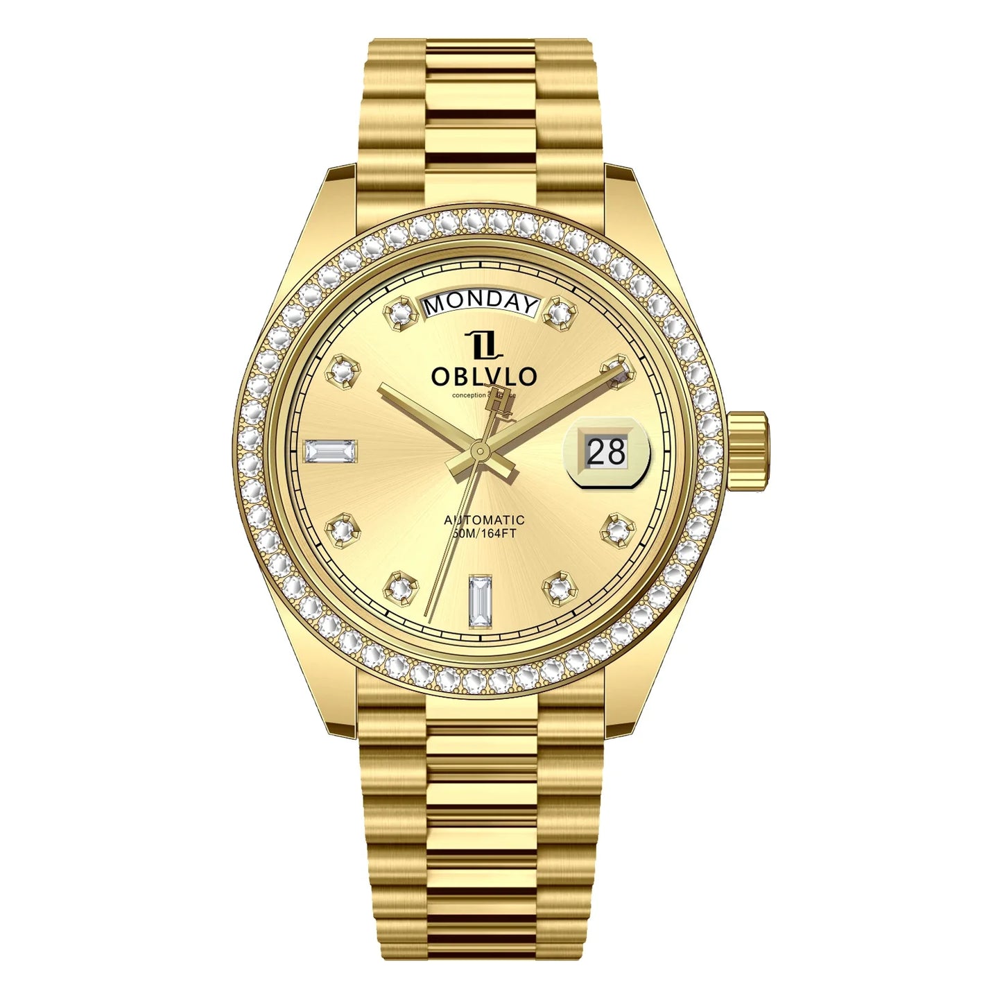 OBLVLO Men's Luxury Watch Yellow Gold White Dial Automatic Date Diamond Bezel Mechanical Bracelet Watches with Day RX-DD
