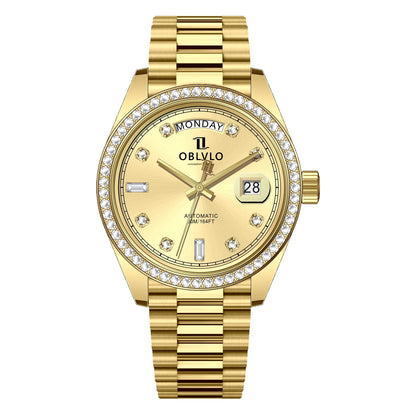 OBLVLO Men's Luxury Watch Yellow Gold White Dial Automatic Date Diamond Bezel Mechanical Bracelet Watches with Day RX-DD