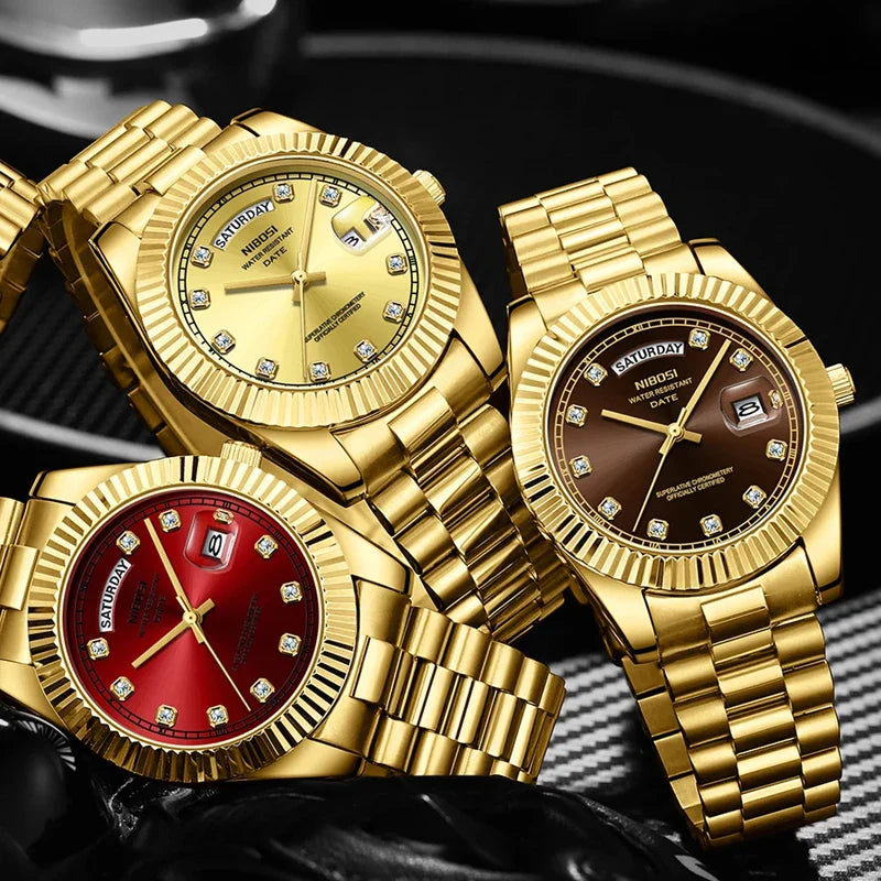 NIBOSI Luxus Gold Quarzuhr Männer Edelstahl Wasserdicht Leucht Datum Woche Mode Diamant Herren Uhren Relogio Masculino