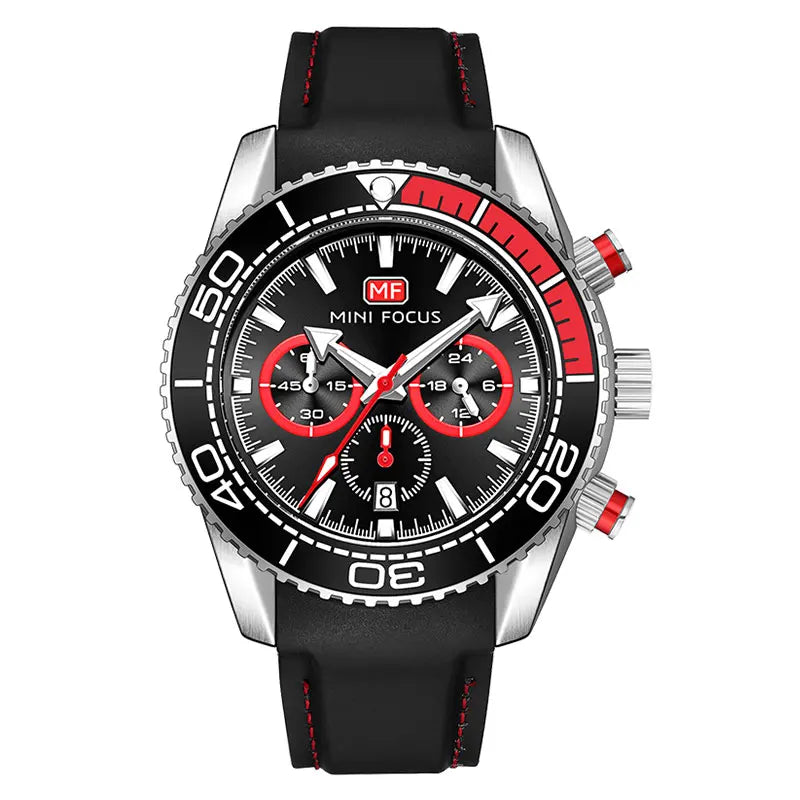 MINI FOCUS Chronograph Quarzuhren für Herren, modische Sport-Armbanduhr mit automatischem Datum, 24-Stunden-Anzeige, blaues Silikonarmband 0426