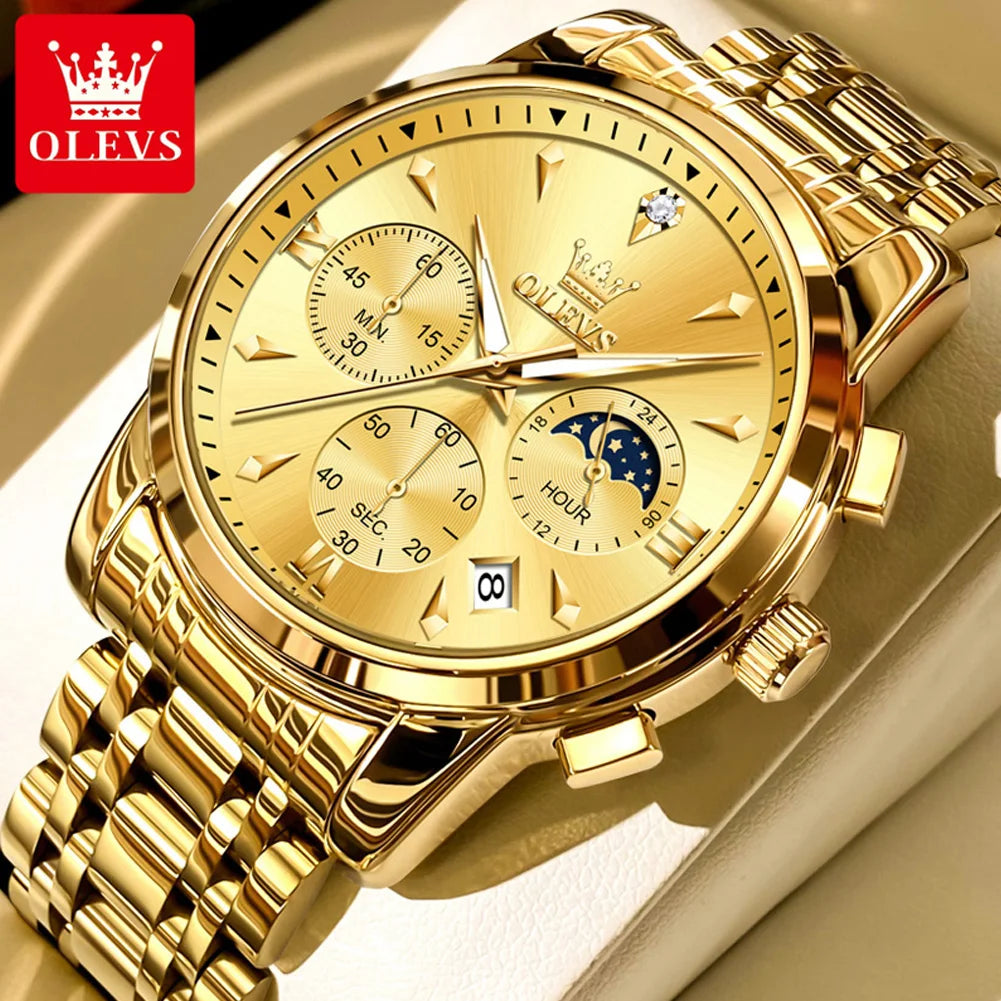 OLEVS 3639 Top Marke Original Luxus Neue Quarzuhr Edelstahl Uhr Für Männer Wasserdicht Leucht Mond Phase Herren Uhr