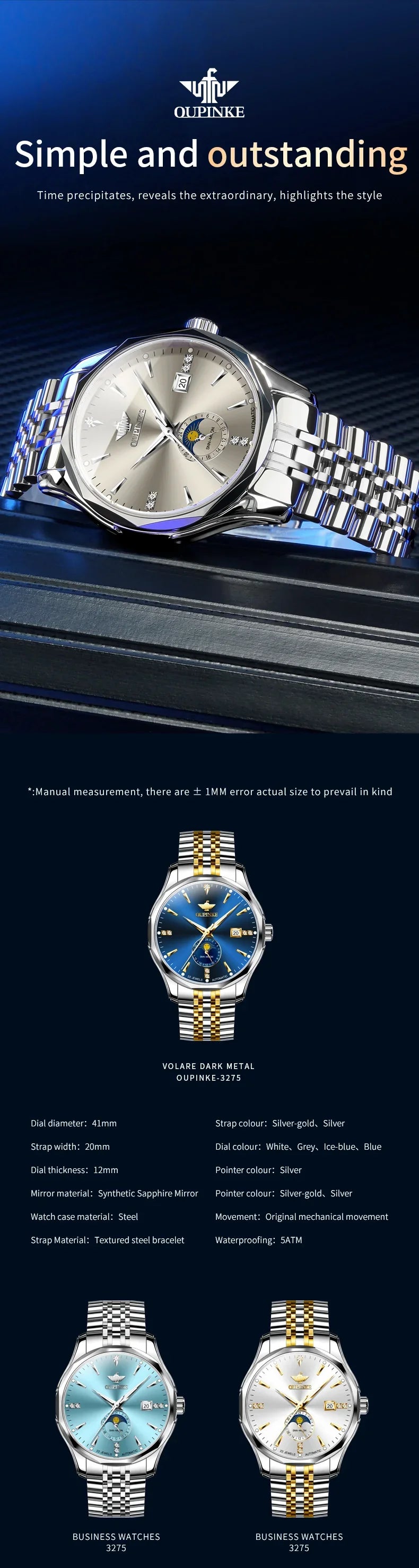 OUPINKE Automatische Herrenuhr, automatisches Datum, Mondphase, Chronograph, hochwertige Luxus-Diamant-Armbanduhr für Herren, NEU 3275