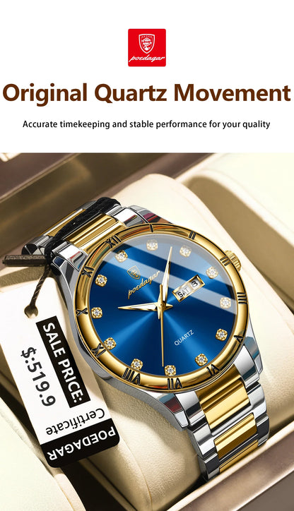 POEDAGAR Top Luxus Uhr Für Mann Datum Woche Wasserdicht Leucht Mann Armbanduhr Quarz Edelstahl herren Uhren Sport Reloj