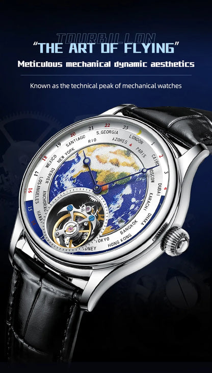 AESOP Diamond Luxury Flying Tourbillon Movement Watch For Men Earth Enamel Dial  Sapphire Skeleton Mechanical Watches Business A