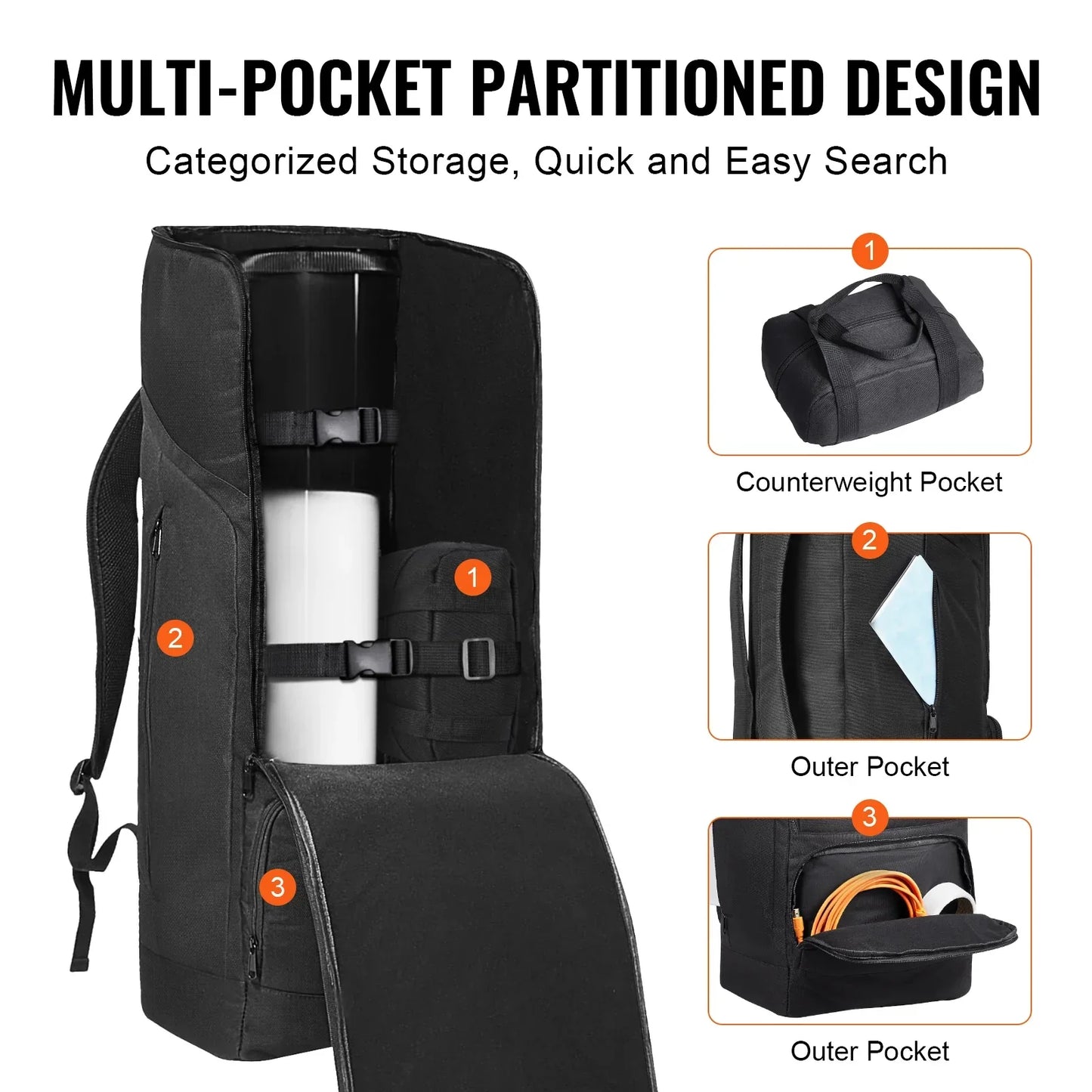 VEVOR Teleskoptasche, 76cm, Teleskop-Transporttasche mit sicherem Gurt, Taschen und bequemen Schultergurten, stoßdämpfende Teleskop-Tragetasche für optisches Rohr und Stativ, Gegengewichtstasche
