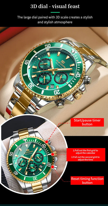 VA VA VOOM Marke Top Männer Uhr 1 Stück Multifunktionale Modische Timing Zifferblatt Grün Gold Edelstahl 3Bar Timing Uhr für Männer