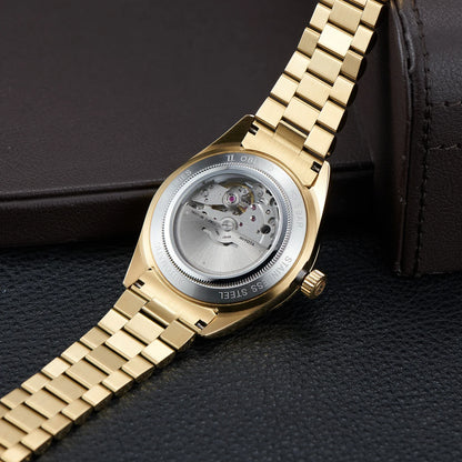 OBLVLO Men's Luxury Watch Yellow Gold White Dial Automatic Date Diamond Bezel Mechanical Bracelet Watches with Day RX-DD