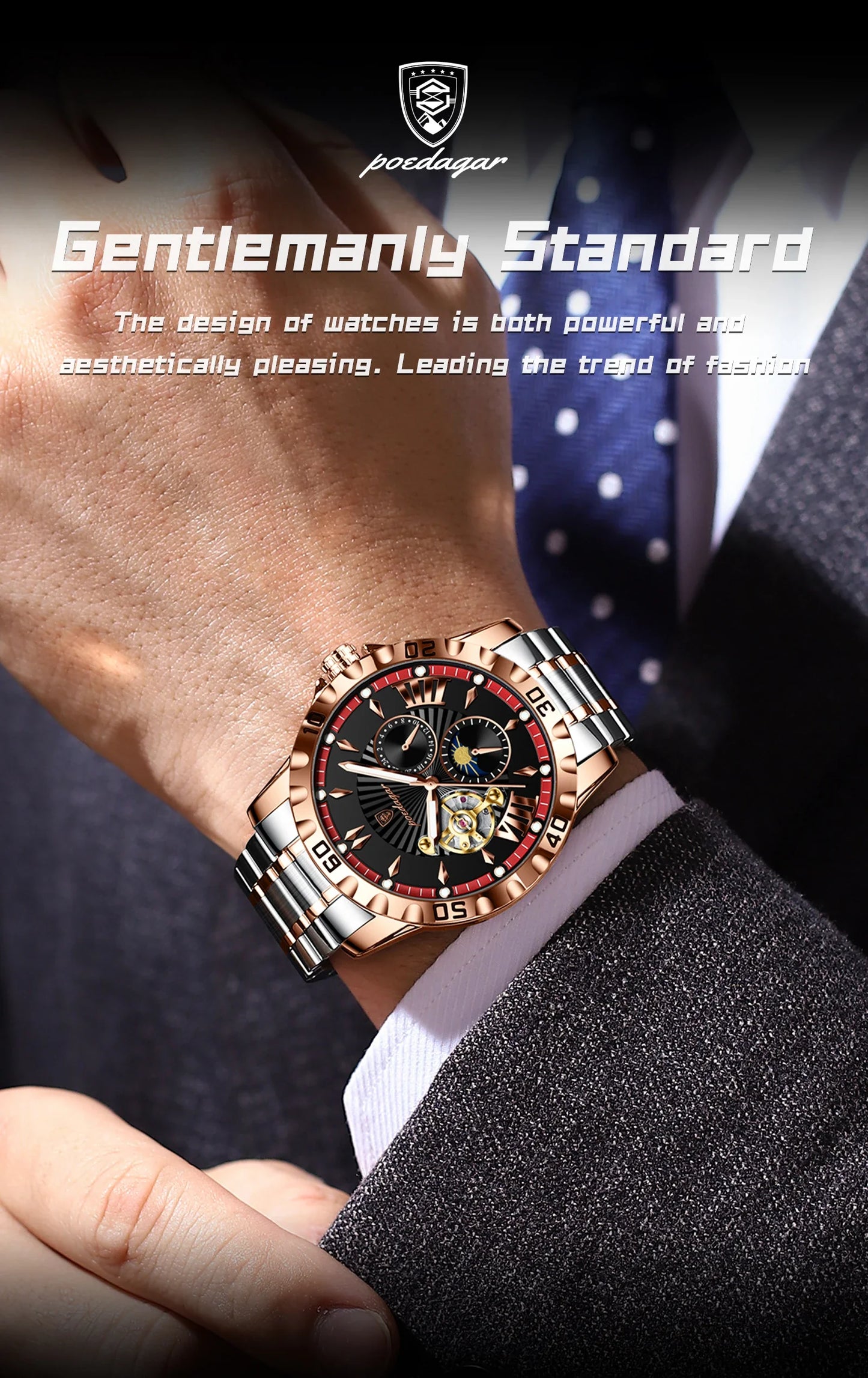 POEDAGAR Luxus Männer Uhr Hohl Tourbillon Automatische Mechanische Mann Uhr Wasserdicht Leucht Edelstahl herren Uhren + Box