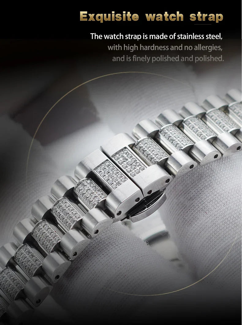 OBLVLO Men's Luxury Watch Yellow Gold White Dial Automatic Date Diamond Bezel Mechanical Bracelet Watches with Day RX-DD