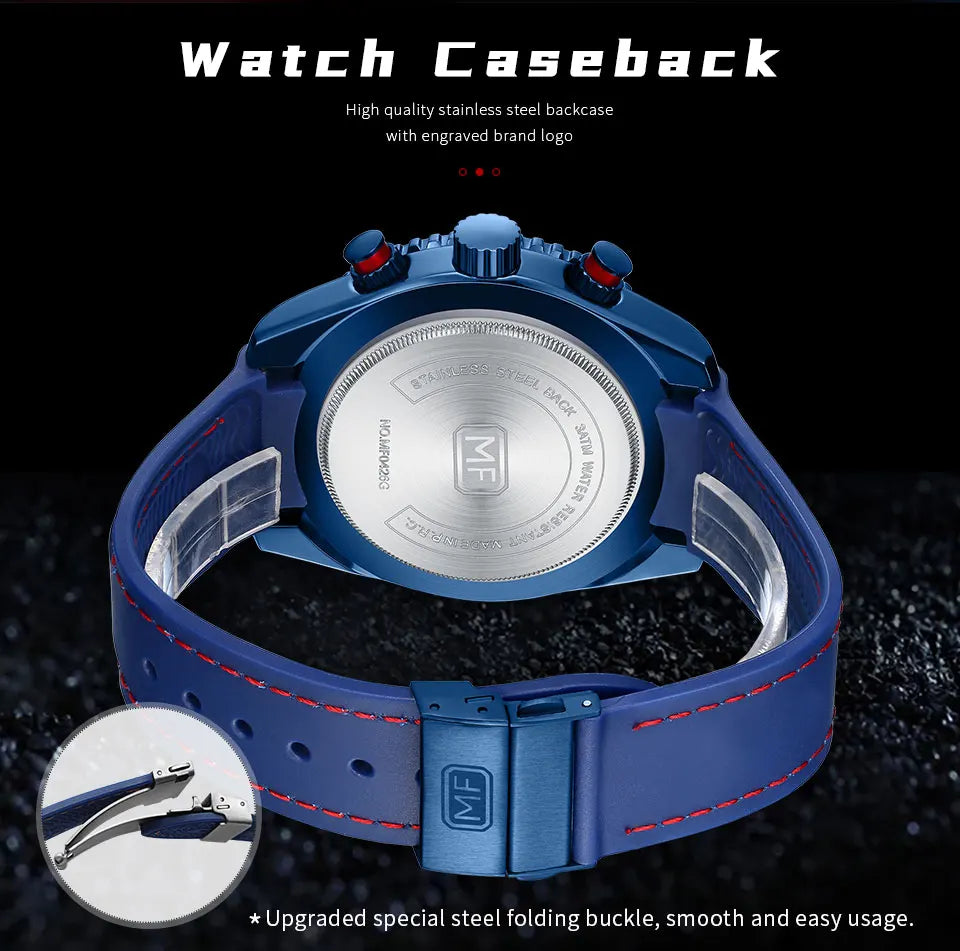MINI FOCUS Chronograph Quarzuhren für Herren, modische Sport-Armbanduhr mit automatischem Datum, 24-Stunden-Anzeige, blaues Silikonarmband 0426