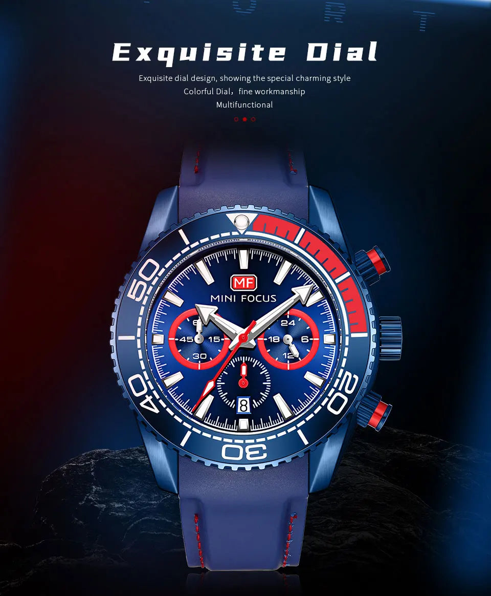 MINI FOCUS Chronograph Quarzuhren für Herren, modische Sport-Armbanduhr mit automatischem Datum, 24-Stunden-Anzeige, blaues Silikonarmband 0426