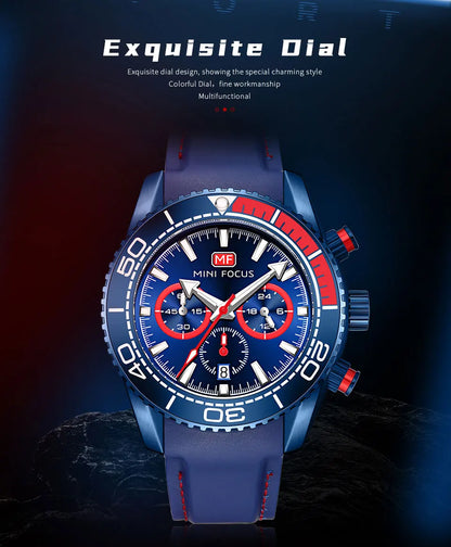 MINI FOCUS Chronograph Quarzuhren für Herren, modische Sport-Armbanduhr mit automatischem Datum, 24-Stunden-Anzeige, blaues Silikonarmband 0426