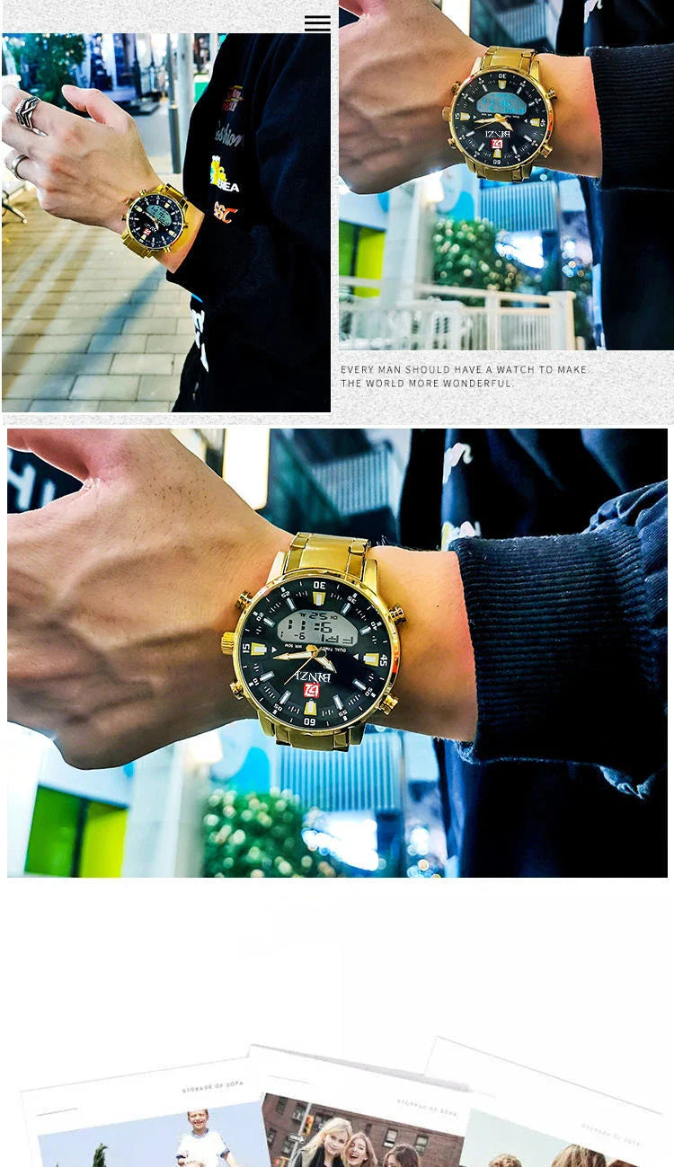 Top Marke Luxus Männer Armbanduhr Wasserdichte Sport Digitale Uhren Männer LED Stahl Militär Quarzuhr Gold farbe Große Zifferblatt Uhr