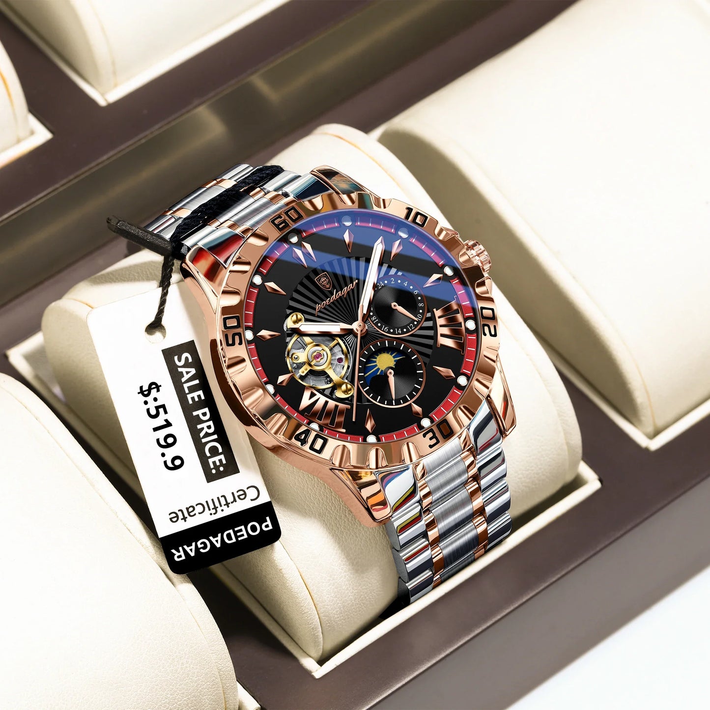 POEDAGAR Luxus Männer Uhr Hohl Tourbillon Automatische Mechanische Mann Uhr Wasserdicht Leucht Edelstahl herren Uhren + Box