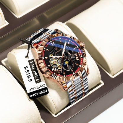 POEDAGAR Luxus Männer Uhr Hohl Tourbillon Automatische Mechanische Mann Uhr Wasserdicht Leucht Edelstahl herren Uhren + Box