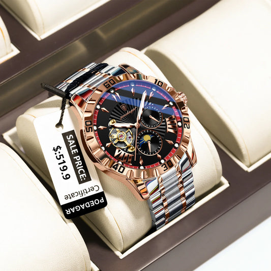 POEDAGAR Luxus Männer Uhr Hohl Tourbillon Automatische Mechanische Mann Uhr Wasserdicht Leucht Edelstahl herren Uhren + Box