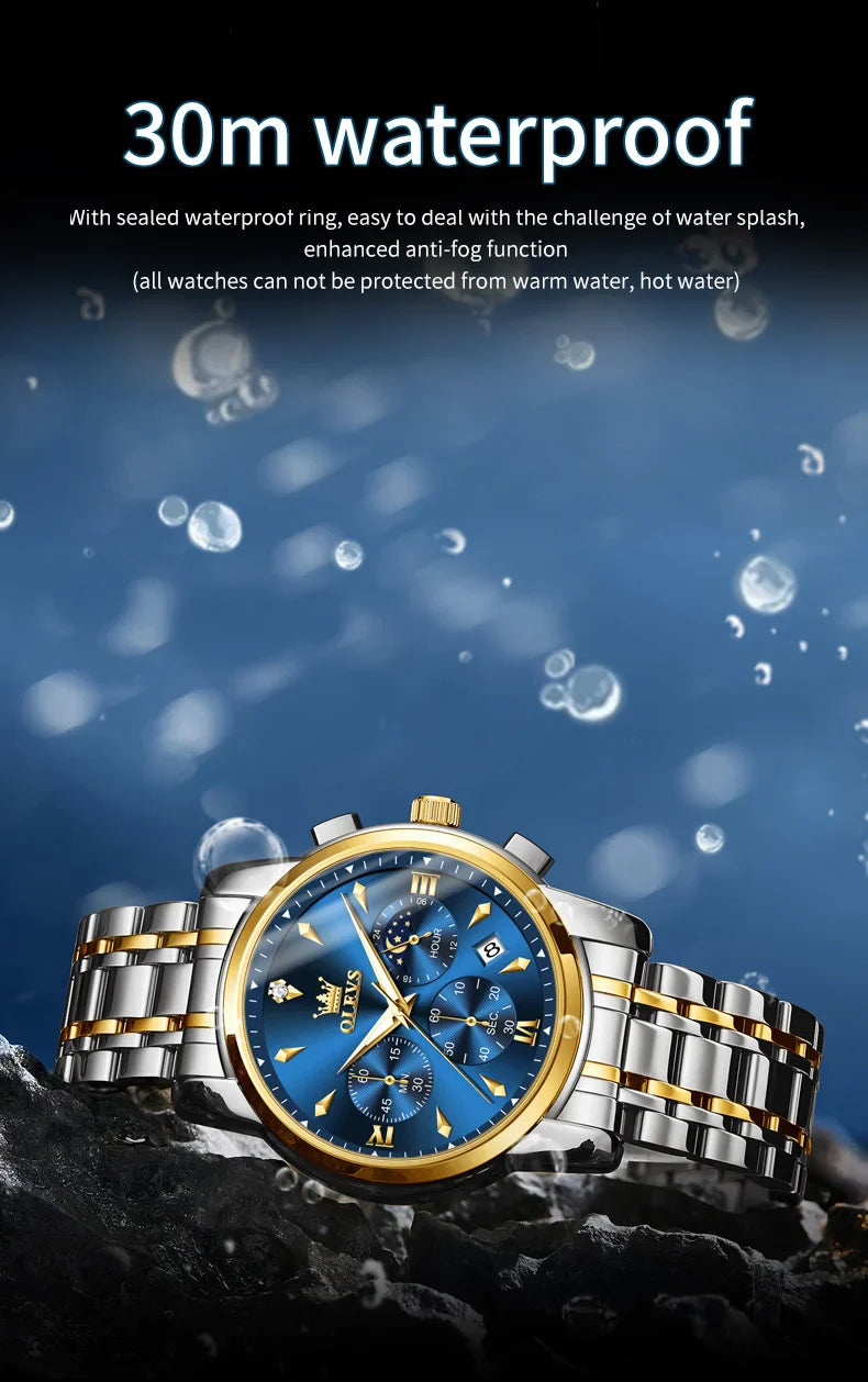 OLEVS 3639 Top Marke Original Luxus Neue Quarzuhr Edelstahl Uhr Für Männer Wasserdicht Leucht Mond Phase Herren Uhr