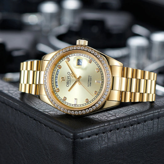 OBLVLO Men's Luxury Watch Yellow Gold White Dial Automatic Date Diamond Bezel Mechanical Bracelet Watches with Day RX-DD