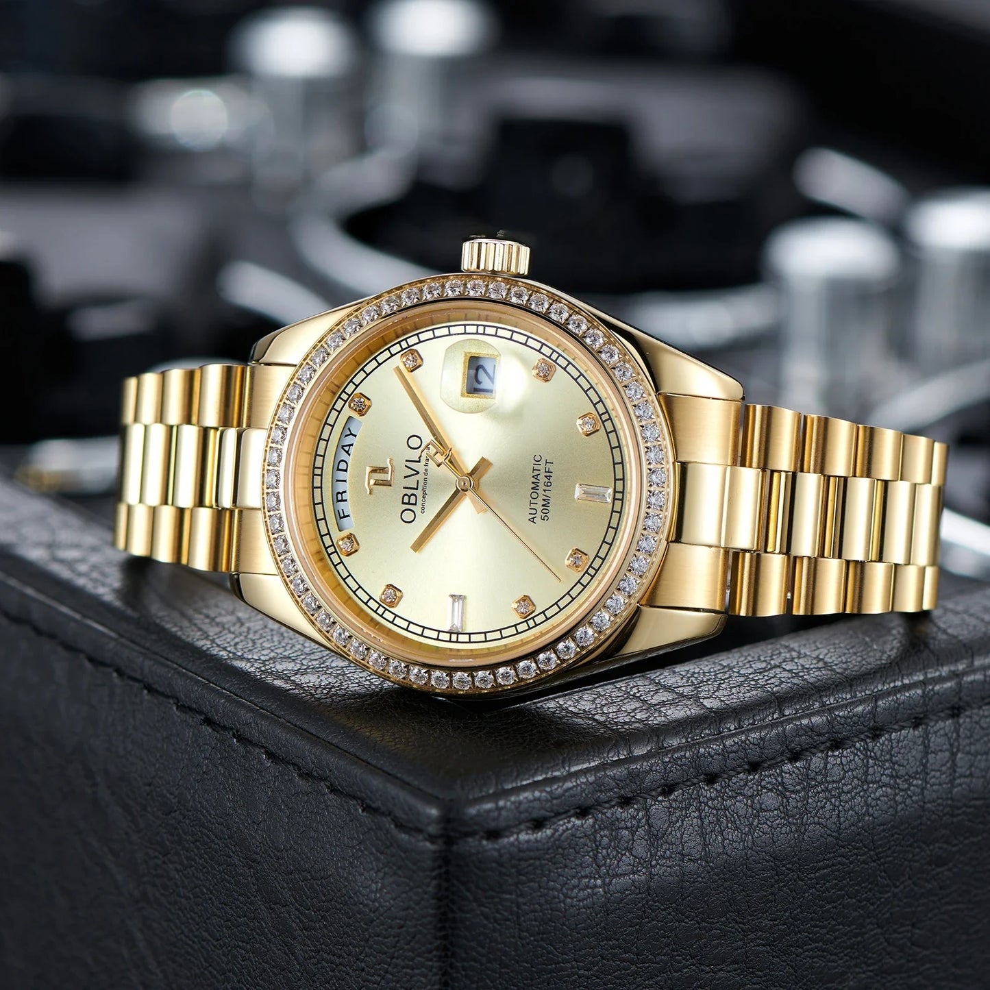 OBLVLO Men's Luxury Watch Yellow Gold White Dial Automatic Date Diamond Bezel Mechanical Bracelet Watches with Day RX-DD
