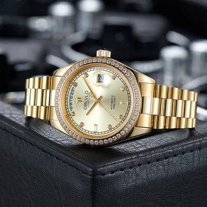 OBLVLO Men's Luxury Watch Yellow Gold White Dial Automatic Date Diamond Bezel Mechanical Bracelet Watches with Day RX-DD