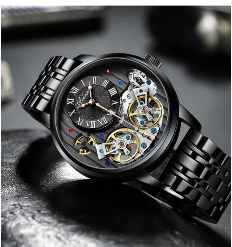 AILANG Top Marke Luxus Uhr Männer Automatische Leucht Schwarz Uhr Männer Doppel Tourbillon Wasserdichte Mechanische Uhr Relogio