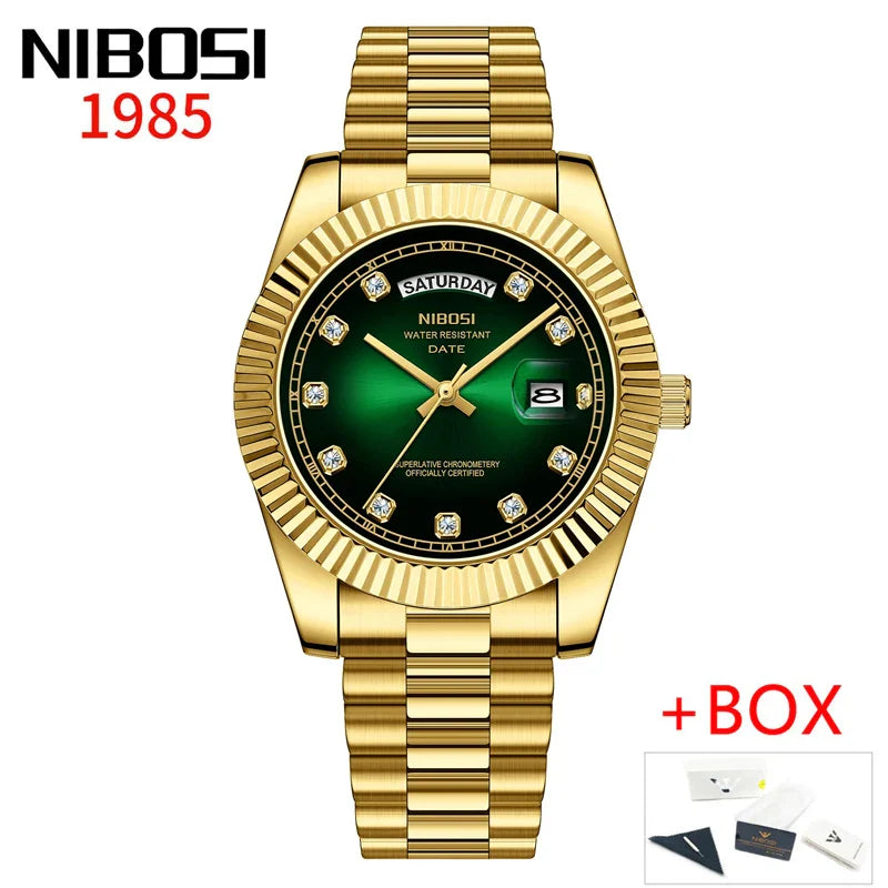 NIBOSI Luxus Gold Quarzuhr Männer Edelstahl Wasserdicht Leucht Datum Woche Mode Diamant Herren Uhren Relogio Masculino