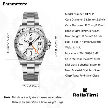 RollsTimi Automatic Men's Watch GMT NH34 Stainless Steel Mechanical Waterproof Wrist Watch for Men Auto Date Sapphire Dial Watch
